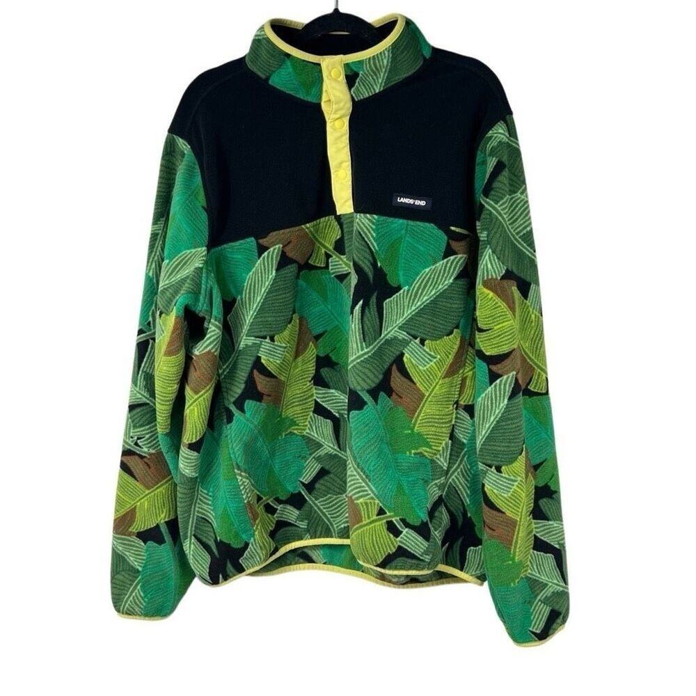 Lands' End Men's Fleece 1/4 Snap Pullover Green Tropical Leaf‎ XL